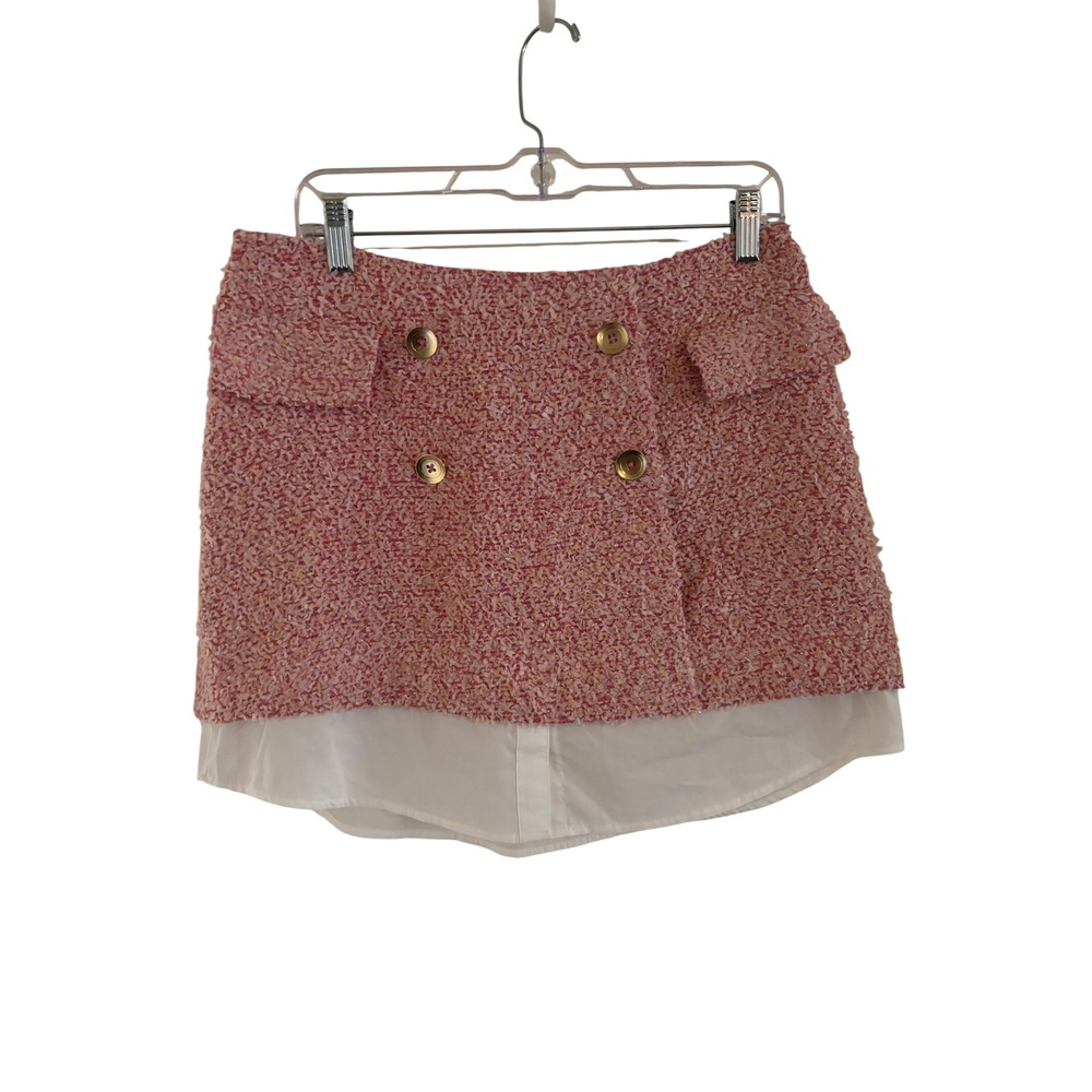 NWT Anthropologie Pink Tweed Layered Mini Skirt Gold Buttons Size 8